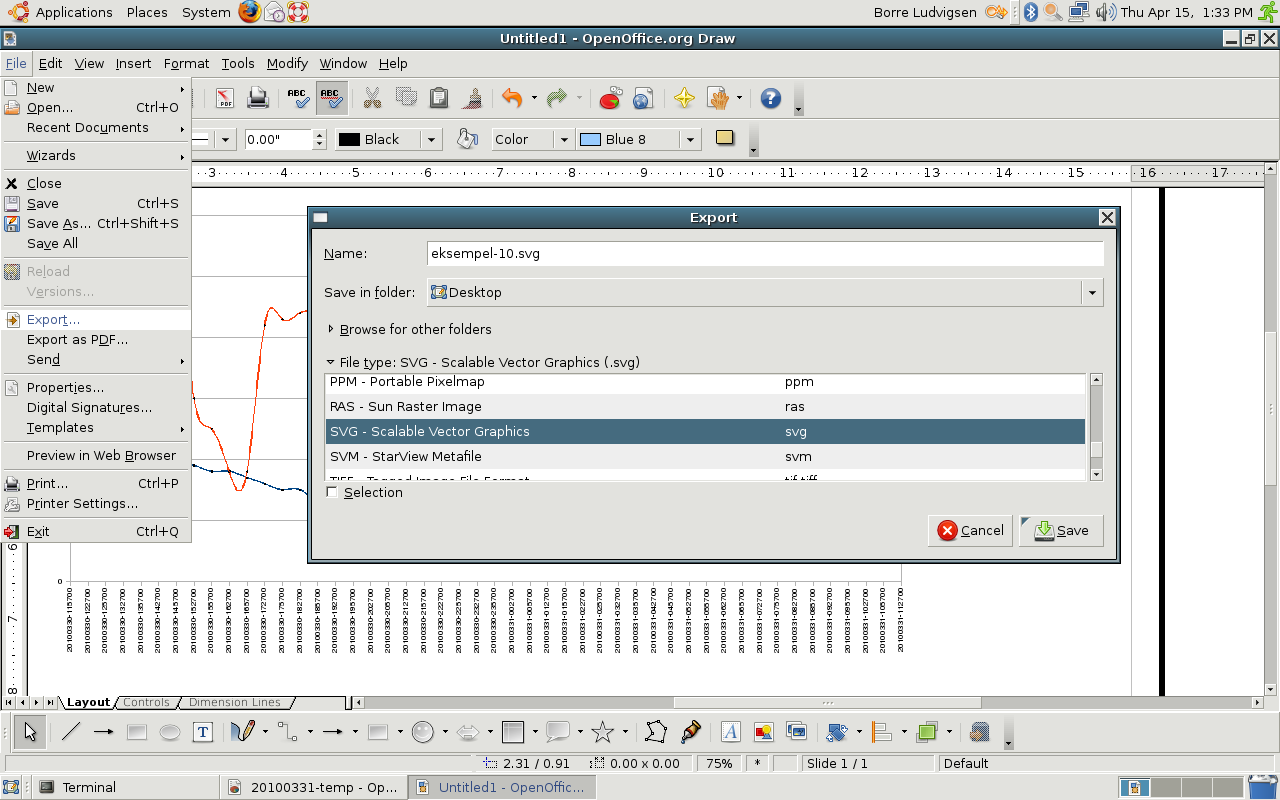 Eksport av grafikk til SVG med Open Office Draw (Linux) Tegneprogramdelen av Open Office kan eksportere vektorgrafikk til SVG-filer.