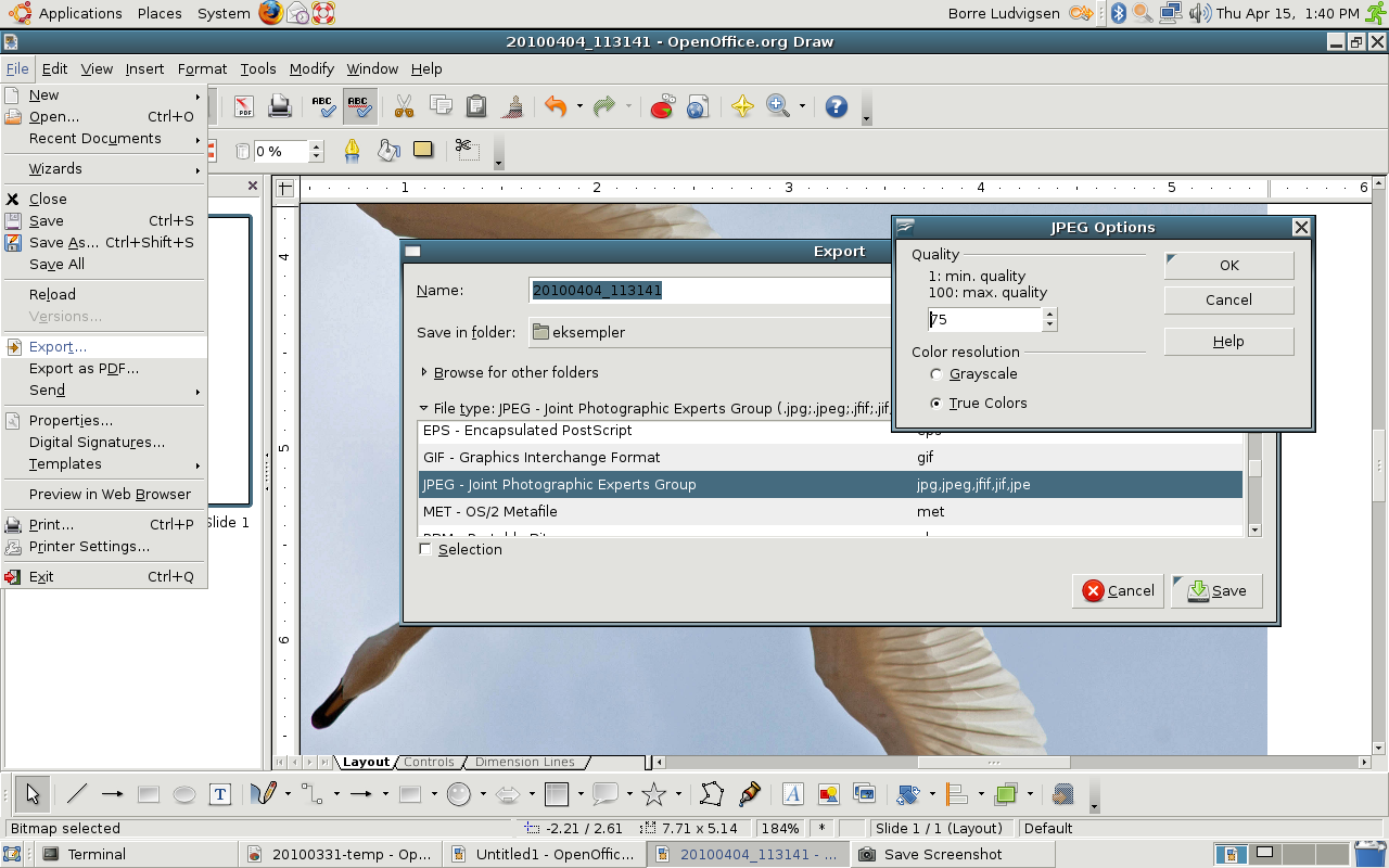 Eksport av bilde til JPEG med Open Office Draw (Linux) Open Office kan åpne en rekke billedformater. Eksport til JPEG beskrives her. 1. Åpne tegningen du vil lagre eller eksportere i Open Office Draw.