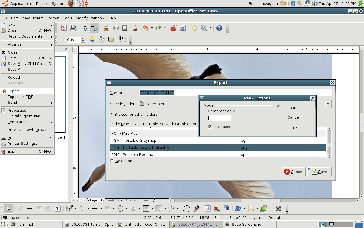 Eksport av bilde til PNG med Open Office Draw (Linux) 1. Åpne tegningen du vil lagre eller eksportere i Open Office Draw. 2. Velg menyen File > Export... 3.