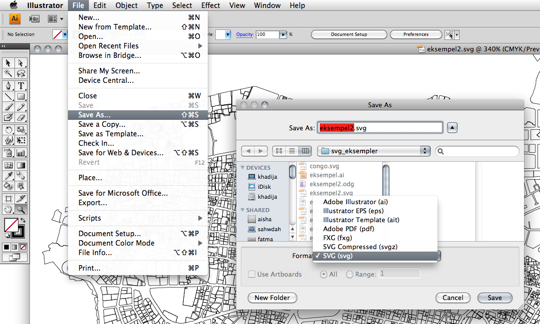 Eksport til SVG med Adobe Illustrator (Mac) Adobe Illustrator kan eksportere vektorgrafikk direkte til SVG (.svg) ved å velge formatet dialogmenyen.