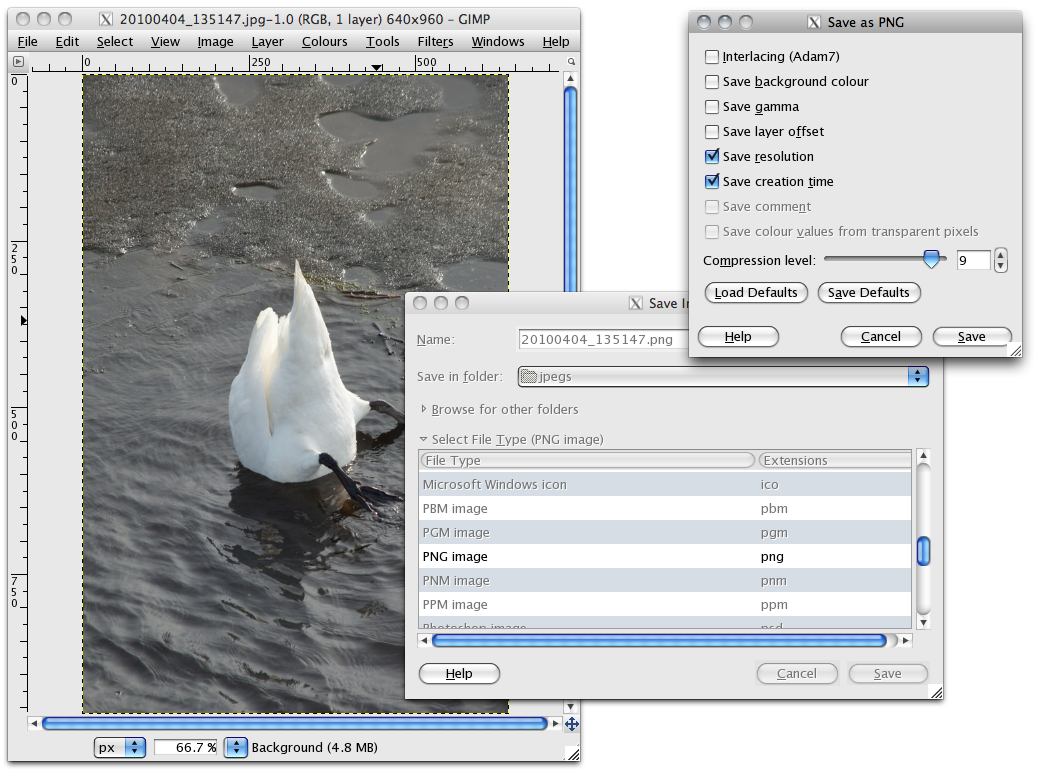 Eksport av bilde til PNG med Gimp (Mac) Eksport av bilde til PNG (.png) med Gimp. 1. Åpne bildet du vil lagre eller eksportere i Gimp. 2. Velg menyen File > Save As... 3.