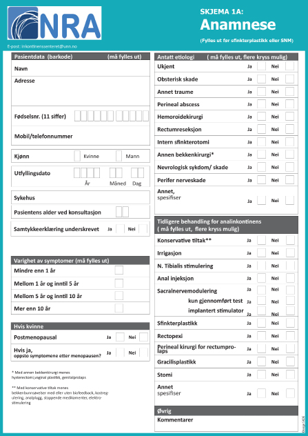 Skjema 1A Anamnese Dette er det første skjema som skal fylles ut, og inneholder spørsmål om personalia, antatt etiologi og tidligere behandling for analinkontinens.