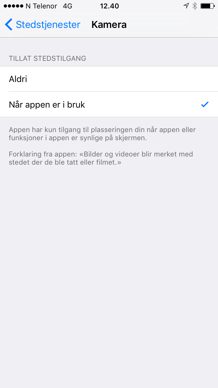 Instillinger på mobilen Husk å si JA til stedstjeneste PÅ, både for GO app n og for standard Kamera app n på mobilen.