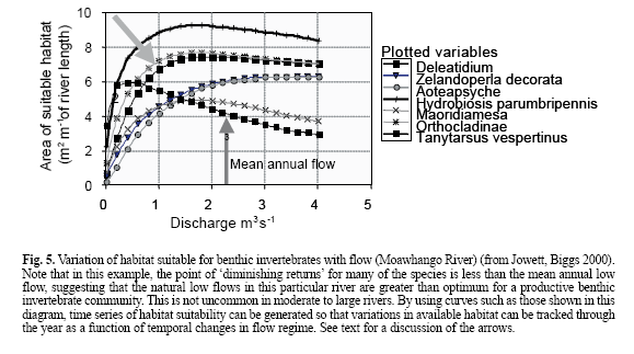 Studie fra New Zealand som viser at areal for egnet habitat blir vesentlig redusert med Q<1,0 m3/s.