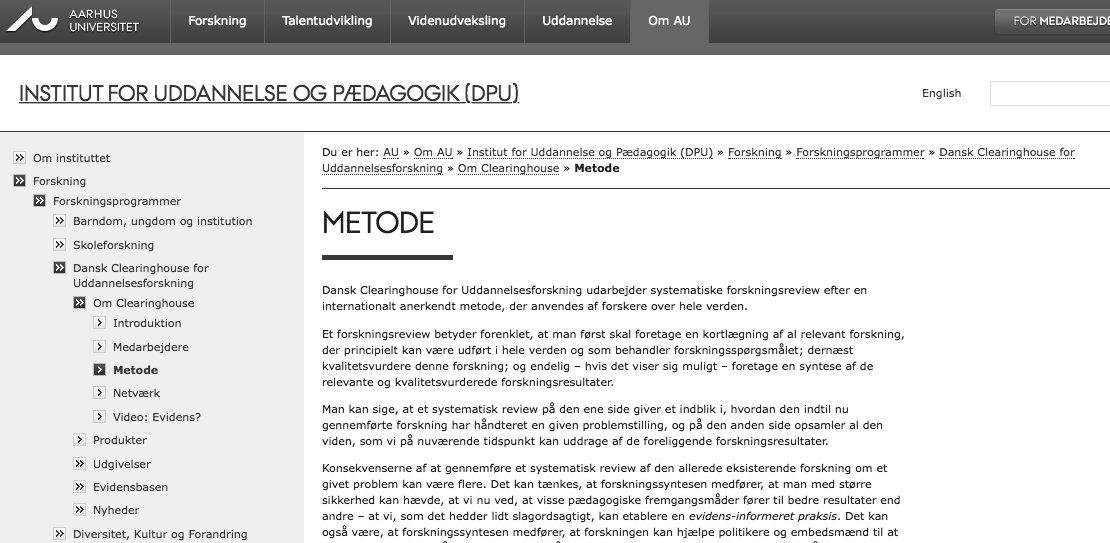 Figur 5. Dansk Clearinghouse webfane om metode 14 På nettsiden fremheves det at systematic review er en metode som brukes av forskere over hele verden.