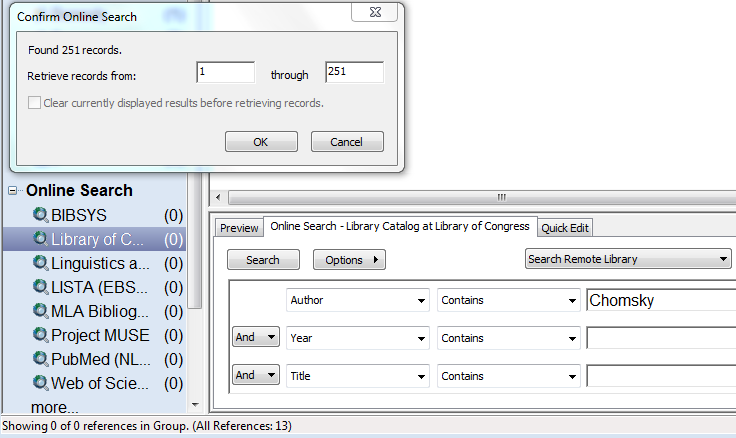 Ekstra: Importere referanser via en forbindelse (i EndNote) 1. Velg database under Online Search, f.eks. Library of Congress. 2. EndNote vil automatisk koble seg til databasen (Connecting to Host). 3.