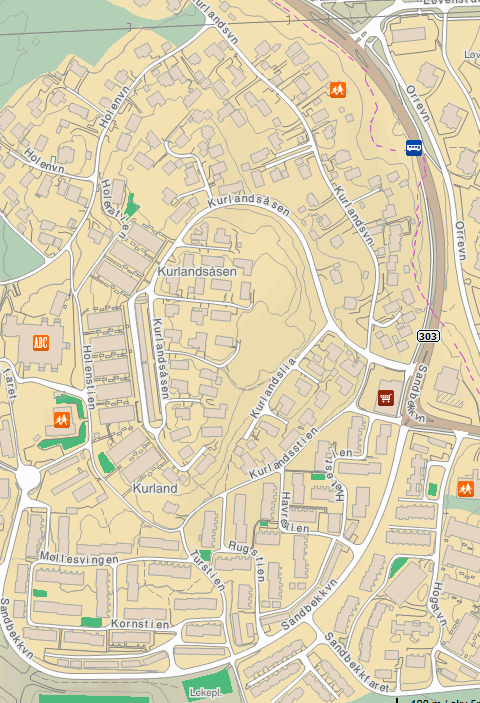 Rute for toget på Kurland skole Sandbekkveien - Hogstveien - Kurlandsveien -