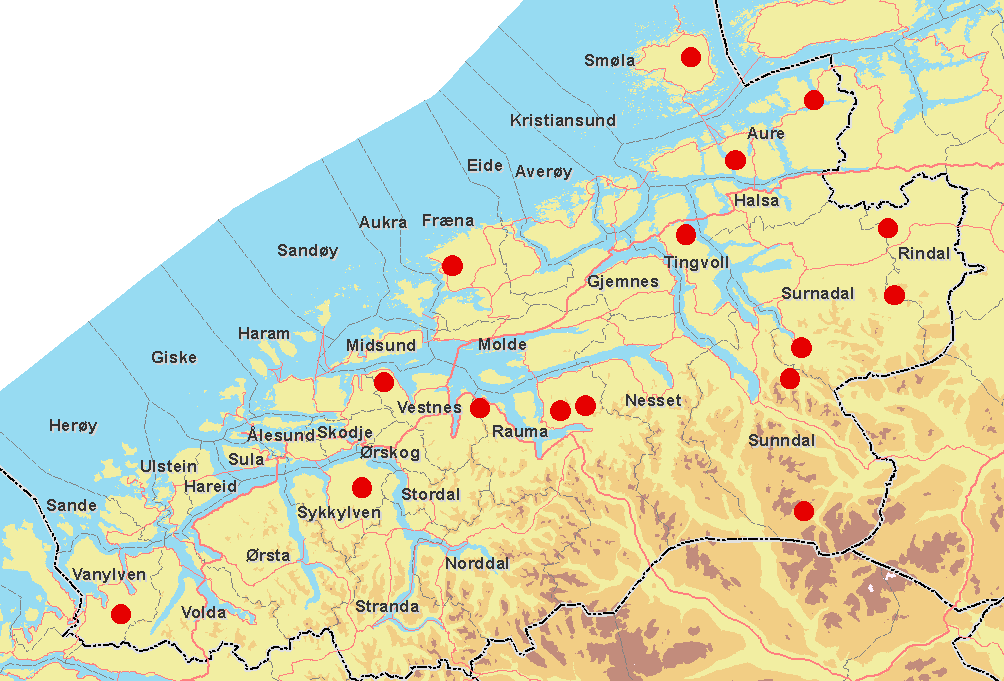Figur 1: Prøvetatte områder i Møre og Romsdal Av de 511 prøvene, så var 74 % av prøvene positive for antistoff mot bakterien A. phagocytophilum.
