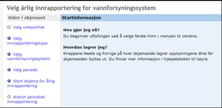 Etter at menyvalget Start skjema for årlig innrapportering er gjennomført kommer følgende skjermbilde opp.