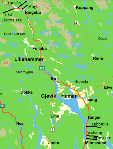 Figur 1: Kart over prøvetakingsområdet. Elvene er tegnet inn med svart strek, tre elver nær Minnesund og tre elver nord for Ringebu.