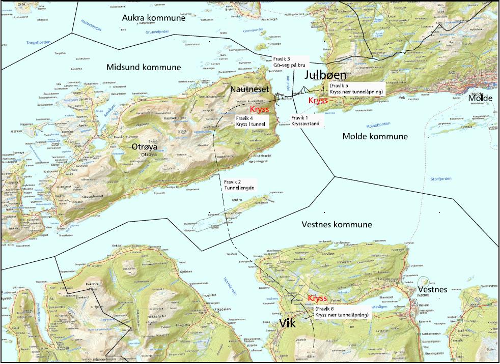 E39 Romsdalsfjorden, Fraviksforhold 1) Kryssavstand Nautneset Julbøen - avklart 2) Tunnellengde avklart utforming 3) GS-veg