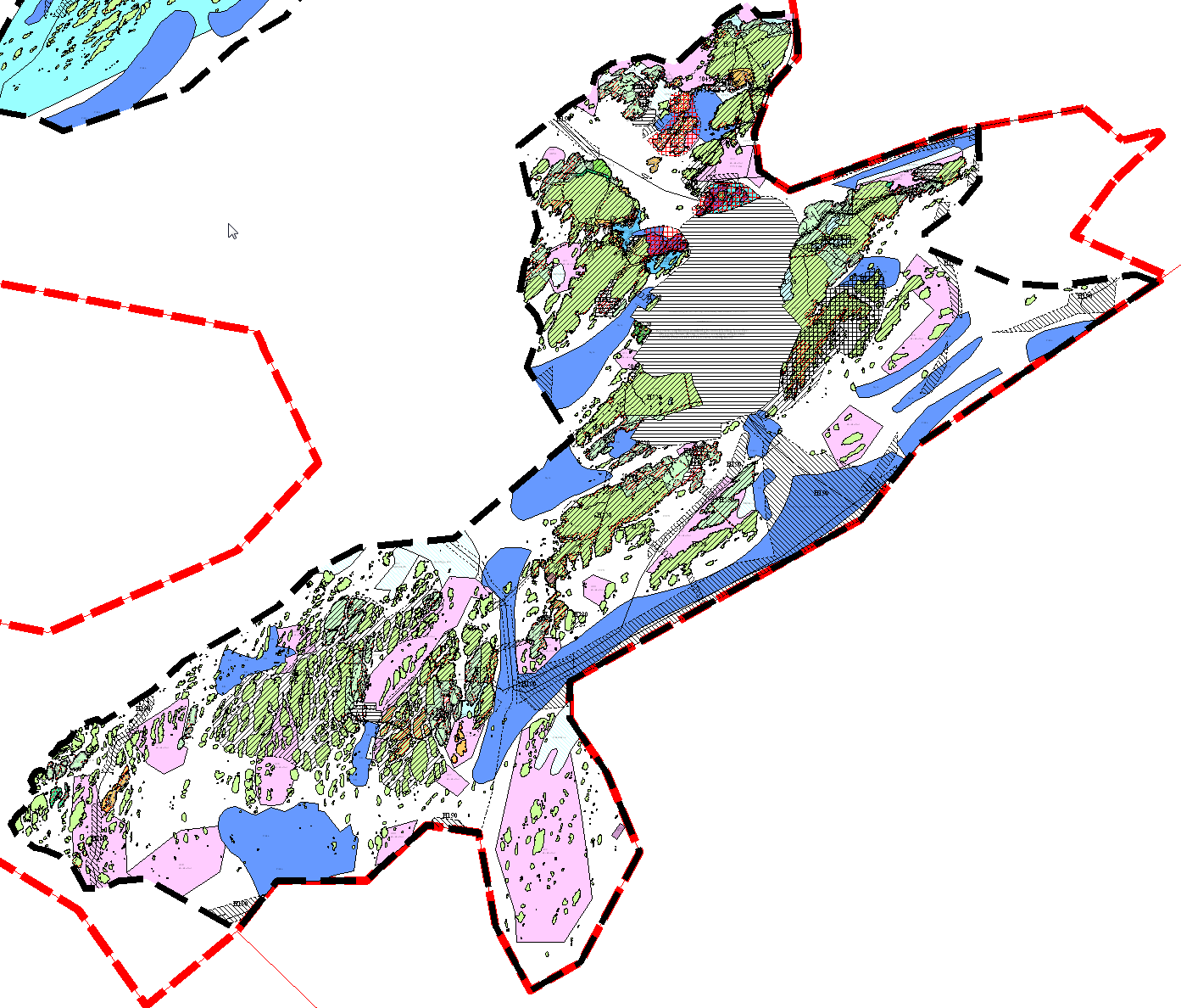 Vedlegg 7 - Sentralt i Herøy - Utsnitt av arealplan med sjøområder der kystsoneplanen ikke skal få rettsvirkning Fargebetydning innenfor stiplet linje i sjø: Blå er hovedsakelig fiskeinteresser