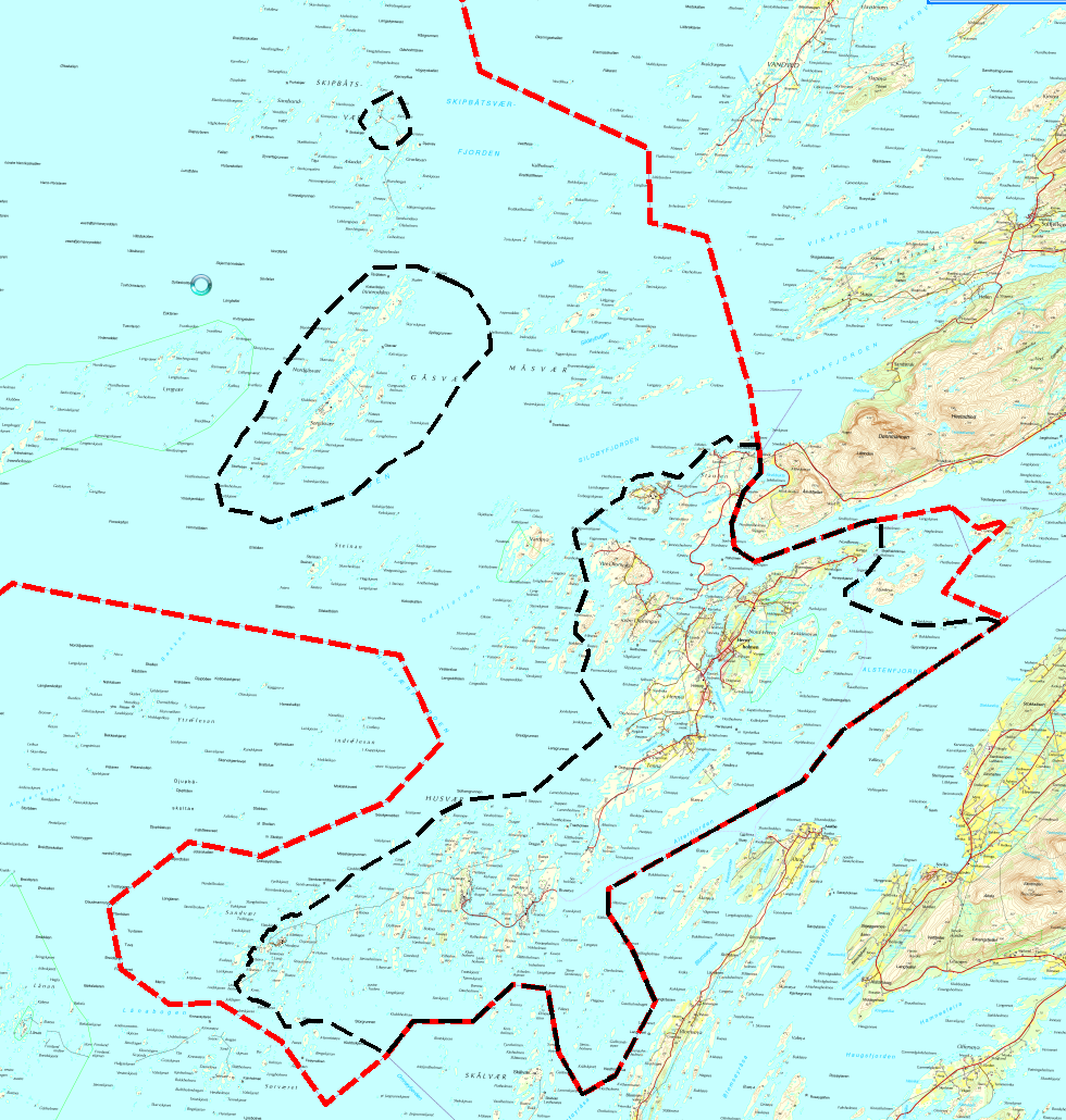 Vedlegg 1 Kart som med svart (samt svart og rød i grense mot Alstahaug kommune) stiplet linje viser