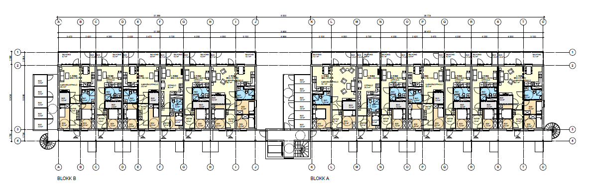 Bygg A beregnes med 7 boenheter og bygg B med 6 i hver etasje. Adkomst til boenheten er via svalgang som går fra bygg A til bygg B.