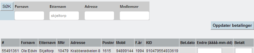 Manuell oppdatering av innbetaling. Må brukes når noen ikke har betalt ved hjelp av KID nr. Kasserer sender jevnlig oversikt o ver innbetalinger uten KID nr.