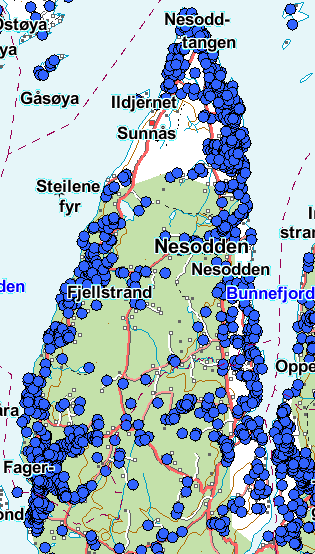 Figur 3: Oversikt over registrerte borebrønner i Nesodden kommune. Hver sirkel indikerer en borebrønn i fjell.