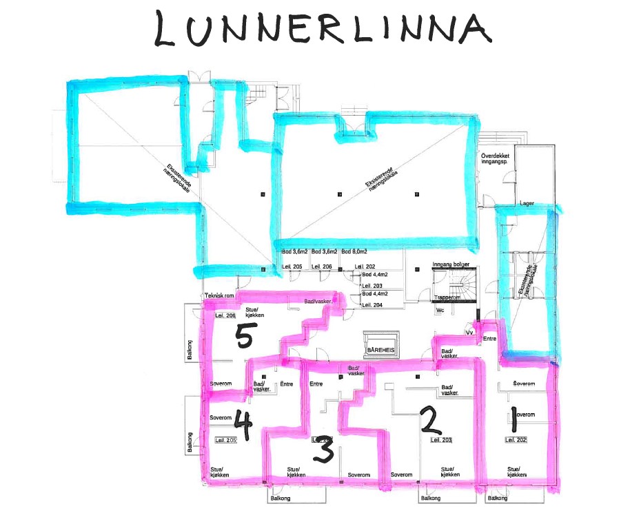 1.2 Tiltaket Det er mottatt søknad om bruksendring til boliger for deler av byggets hovedetasje. På snittet nedenfor er dette 2. etasje. Ved vestfasaden ligger etasjen på plan med Lunnerlinna.