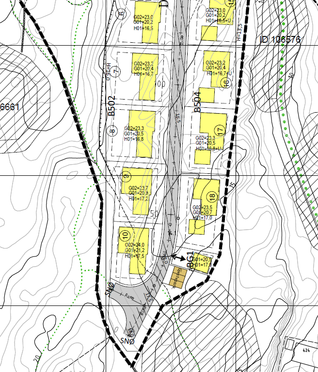 Utsnitt av siste illustrasjonsplan som viser stiforbindelser fra vendehammer og ned mot sjøen i vest.