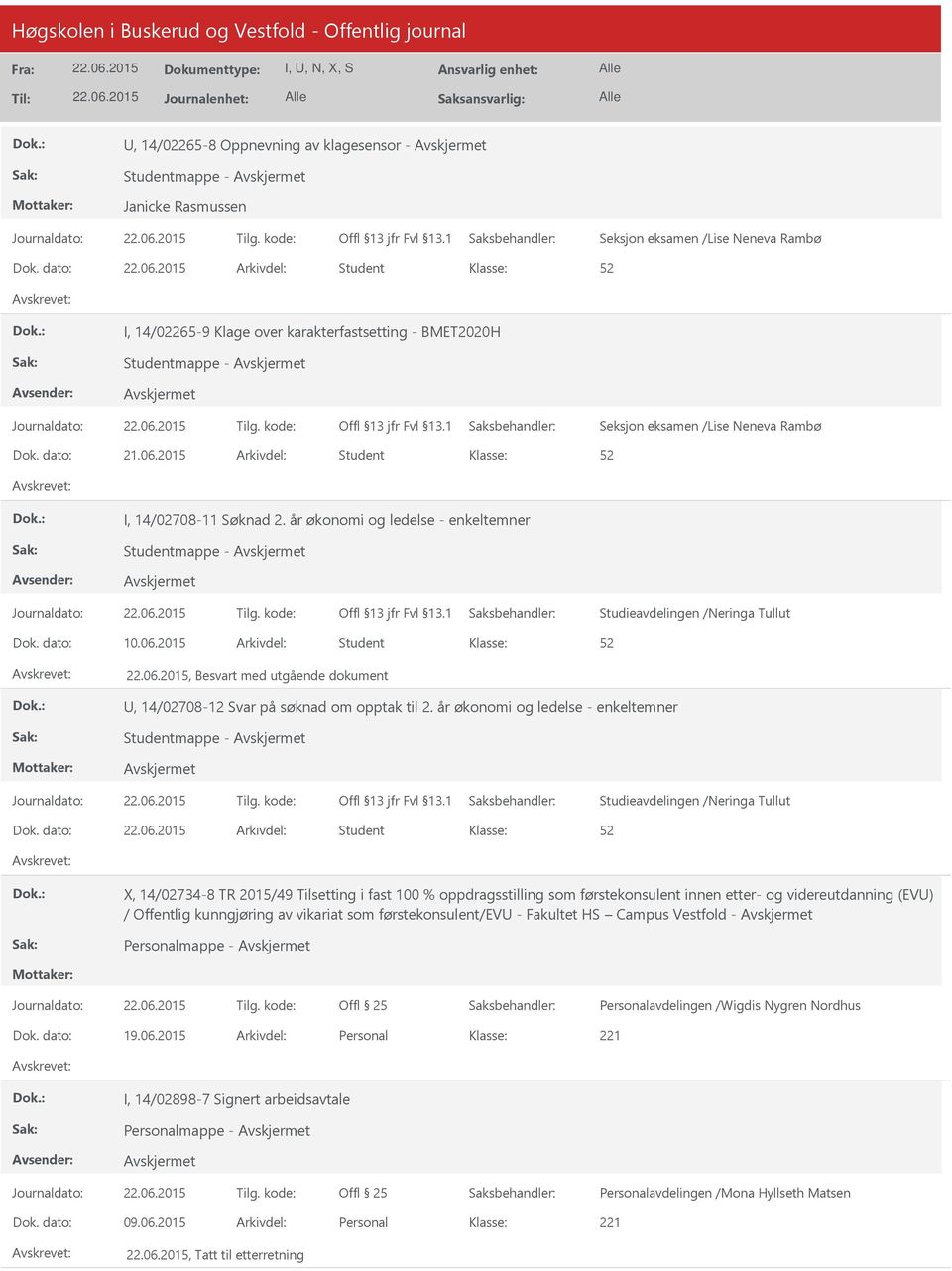 2015 Arkivdel: Student, Besvart med utgående dokument, 14/02708-12 Svar på søknad om opptak til 2. år økonomi og ledelse - enkeltemner Studentmappe - Studieavdelingen /Neringa Tullut Dok.