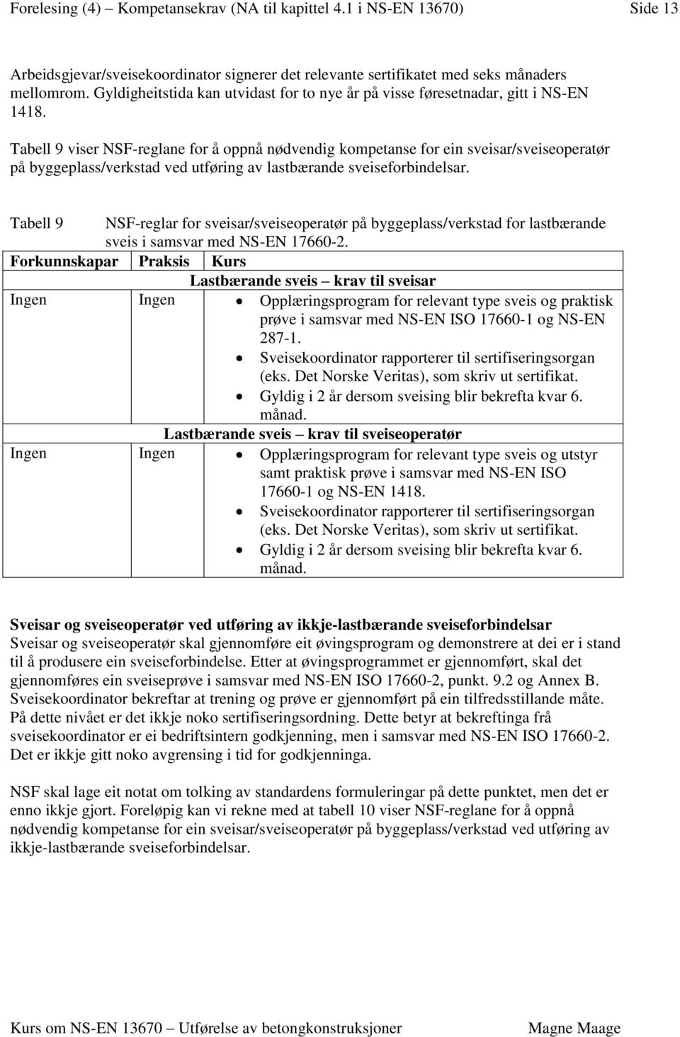 Tabell 9 viser NSF-reglane for å oppnå nødvendig kompetanse for ein sveisar/sveiseoperatør på byggeplass/verkstad ved utføring av lastbærande sveiseforbindelsar.