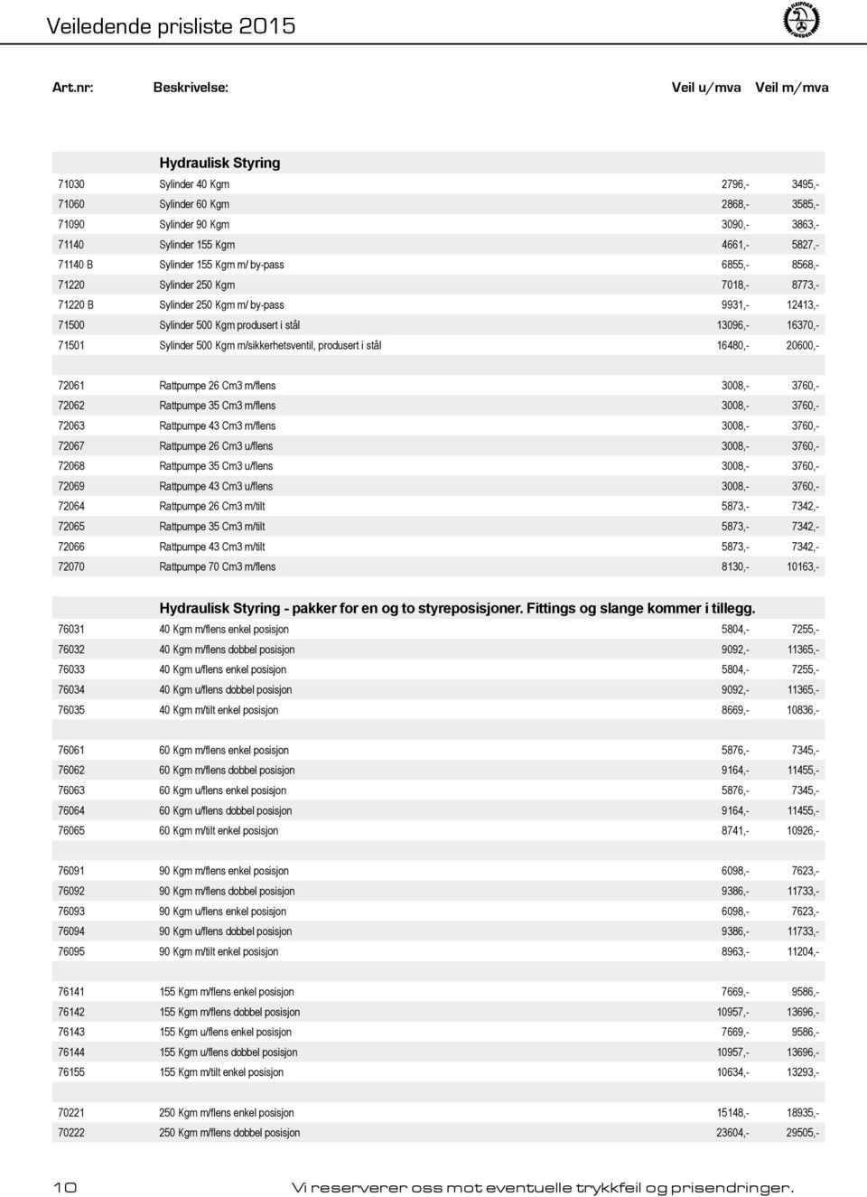 m/sikkerhetsventil, produsert i stål 16480,- 20600,- 72061 Rattpumpe 26 Cm3 m/flens 3008,- 3760,- 72062 Rattpumpe 35 Cm3 m/flens 3008,- 3760,- 72063 Rattpumpe 43 Cm3 m/flens 3008,- 3760,- 72067