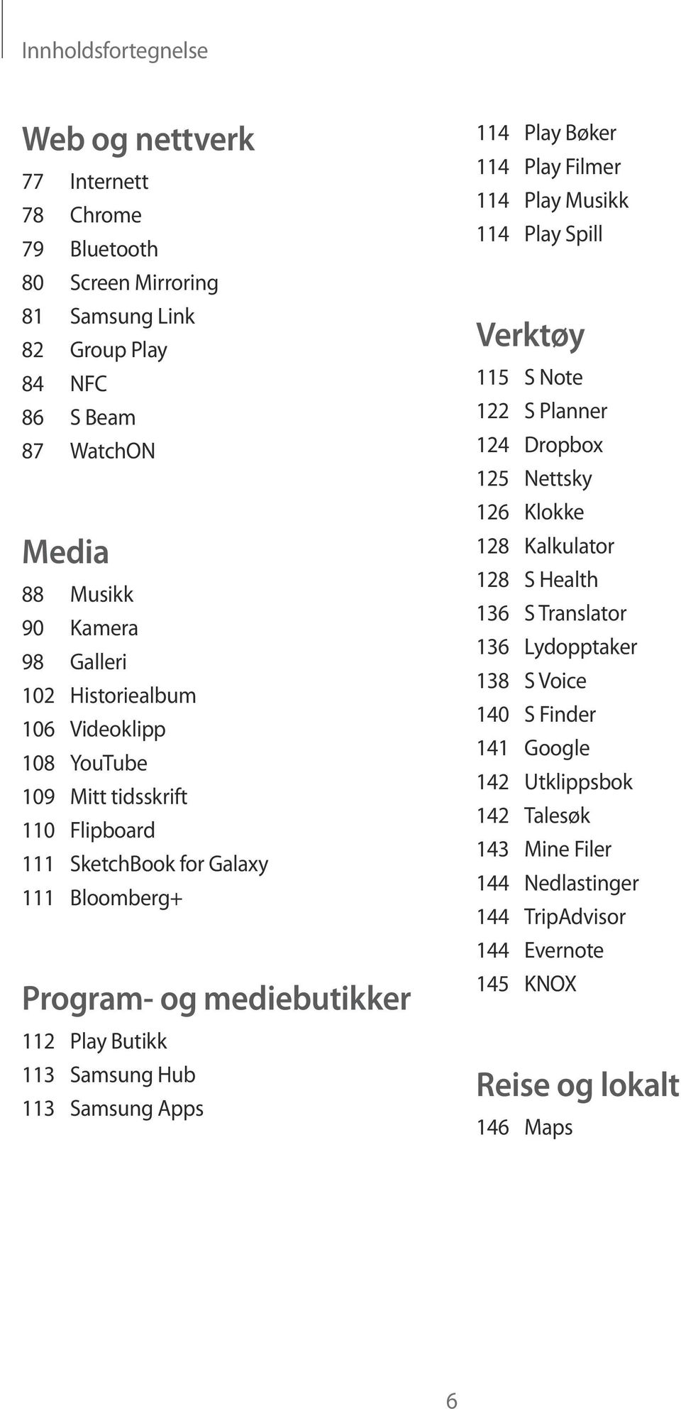 Hub 113 Samsung Apps 114 Play Bøker 114 Play Filmer 114 Play Musikk 114 Play Spill Verktøy 115 S Note 122 S Planner 124 Dropbox 125 Nettsky 126 Klokke 128 Kalkulator 128 S Health 136