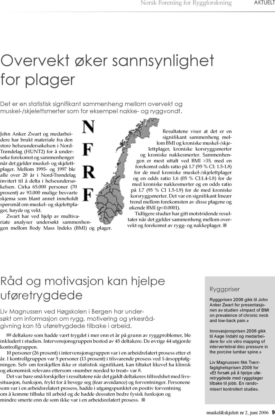 John Anker Zwart og medarbeidere har brukt materiale fra den store helseundersøkelsen i Nord- Trøndelag (HUNT2) for å undersøke forekomst og sammenhenger når det gjelder muskel- og skjelettplager.