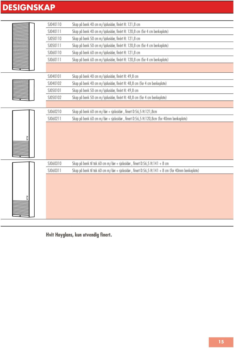 m/sjalusidør, finért H: 120,8 cm (for 4 cm benkeplate) SJ040101 SJ040102 SJ050101 SJ050102 Skap på benk 40 cm m/sjalusidør, finért H: 49,8 cm Skap på benk 40 cm m/sjalusidør, finért H: 48,8 cm (for 4