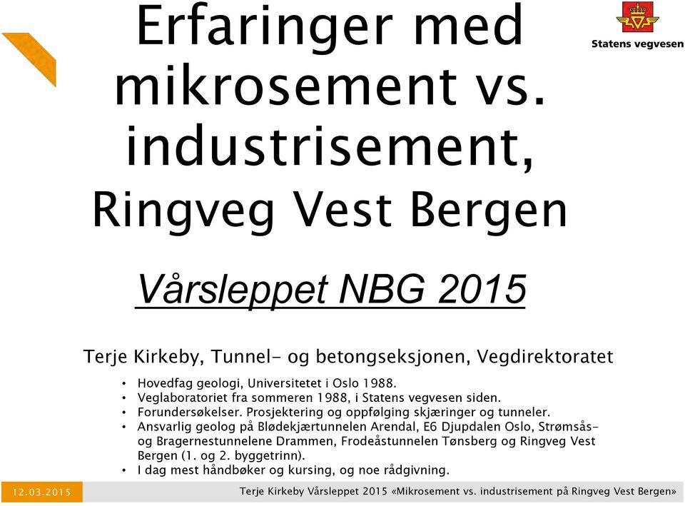 Hovedfag geologi, Universitetet i Oslo 1988. Veglaboratoriet fra sommeren 1988, i Statens vegvesen siden. Forundersøkelser. Prosjektering og oppfølging skjæringer og tunneler.