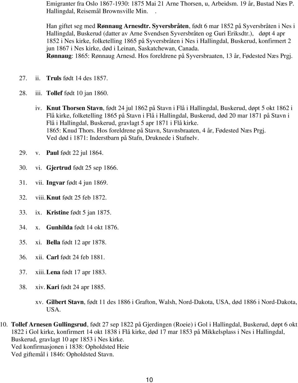 ), døpt 4 apr 1852 i Nes kirke, folketelling 1865 på Syversbråten i Nes i Hallingdal, Buskerud, konfirmert 2 jun 1867 i Nes kirke, død i Leinan, Saskatchewan, Canada. Rønnaug: 1865: Rønnaug Arnesd.