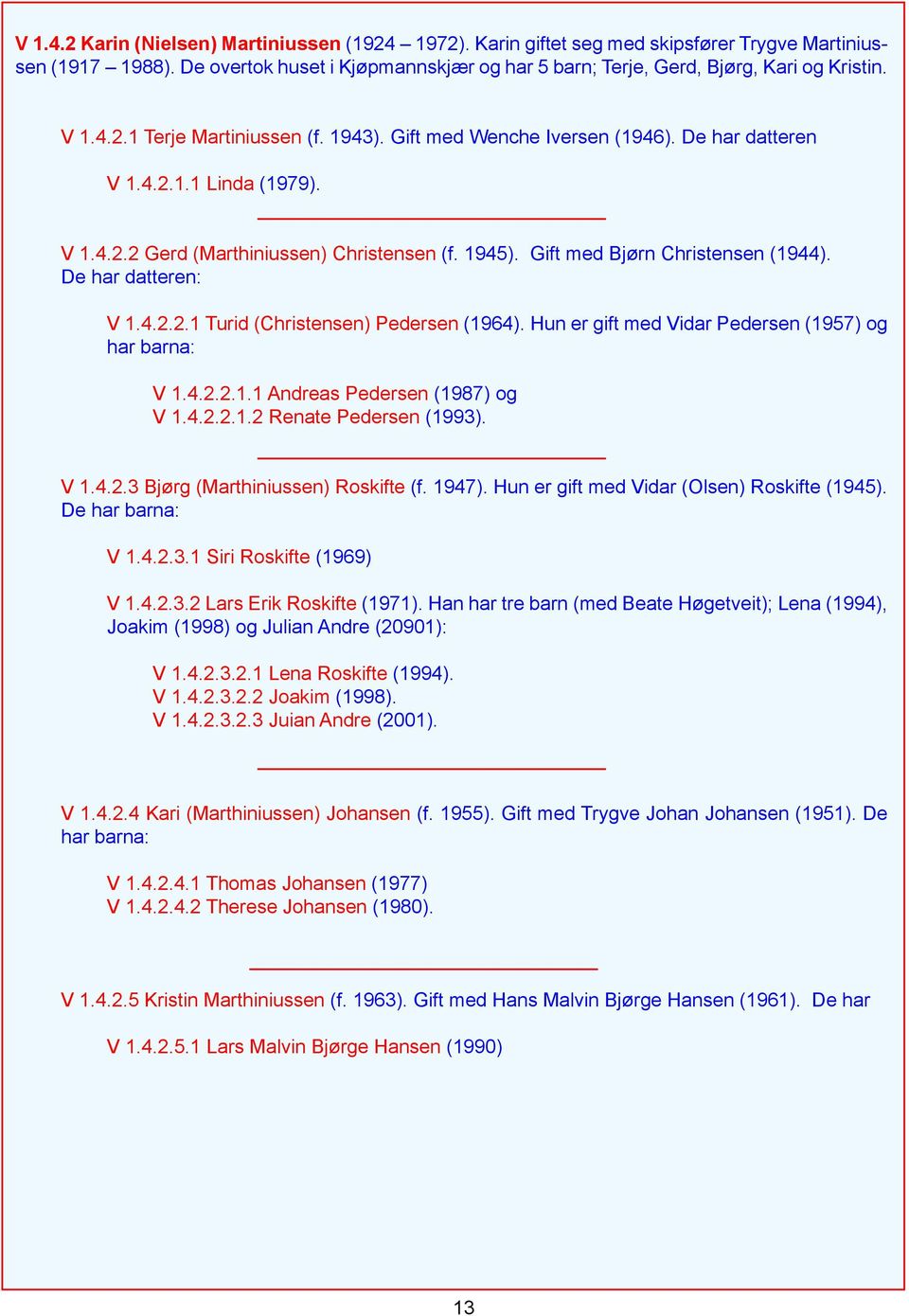 Gift med Bjørn Christensen (1944). De har datteren: V 1.4.2.2.1 Turid (Christensen) Pedersen (1964). Hun er gift med Vidar Pedersen (1957) og har barna: V 1.4.2.2.1.1 Andreas Pedersen (1987) og V 1.4.2.2.1.2 Renate Pedersen (1993).