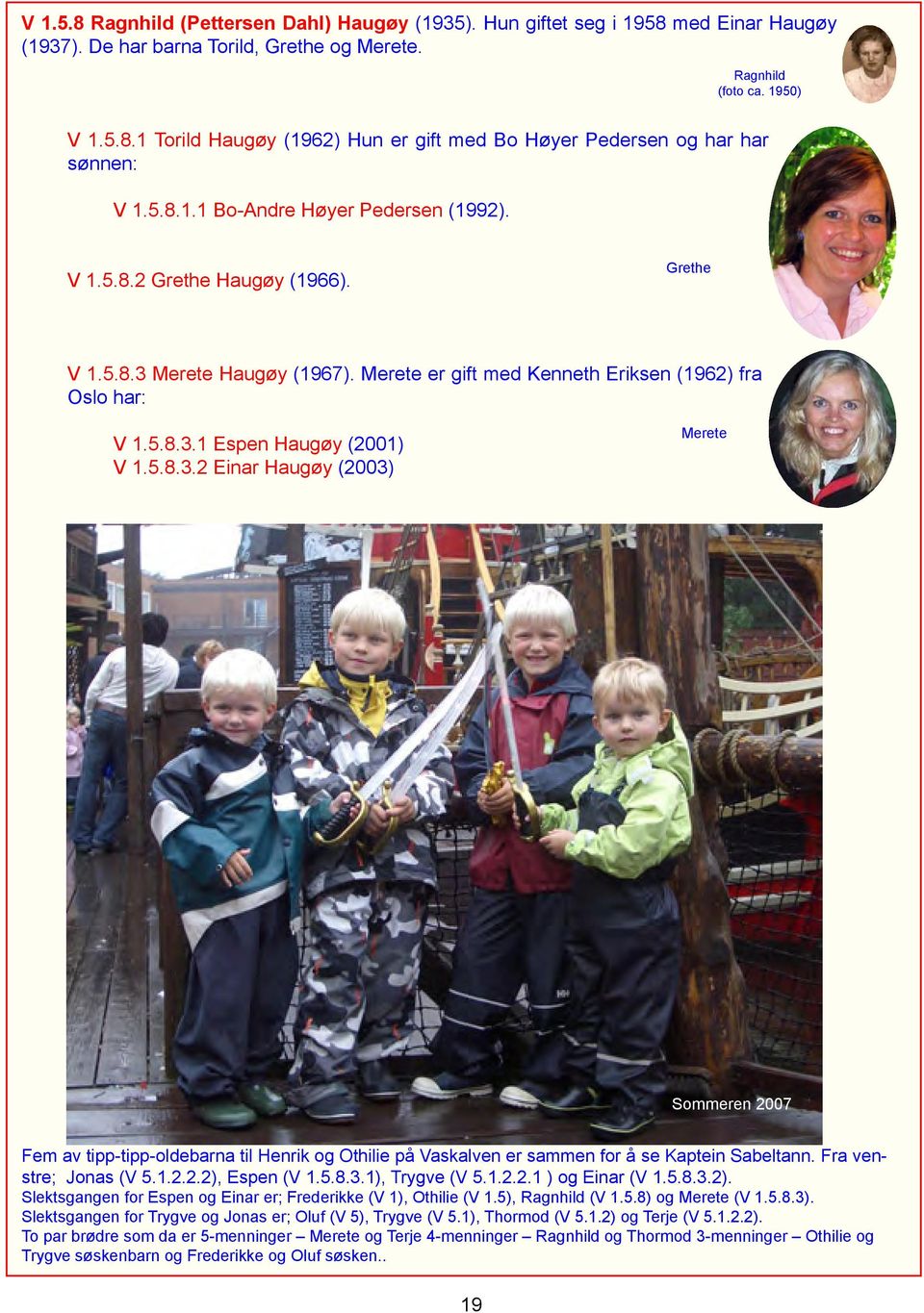 5.8.3.2 Einar Haugøy (2003) Merete Sommeren 2007 Fem av tipp-tipp-oldebarna til Henrik og Othilie på Vaskalven er sammen for å se Kaptein Sabeltann. Fra venstre; Jonas (V 5.1.2.2.2), Espen (V 1.5.8.3.1), Trygve (V 5.