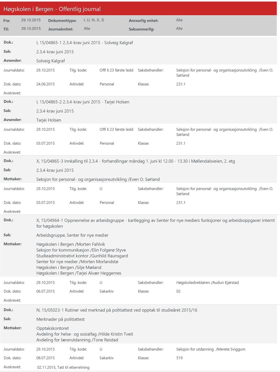 Sørland Dok. dato: 03.07.2015 Arkivdel: Personal 231.1 X, 15/04865-3 Innkalling til 2.3.4 - forhandlingar måndag 1. juni kl 12.00-13.30 i Møllendalsveien, 2. etg 2.3.4-krav juni 2015 Seksjon for personal- og organisasjonsutvikling /Even O.