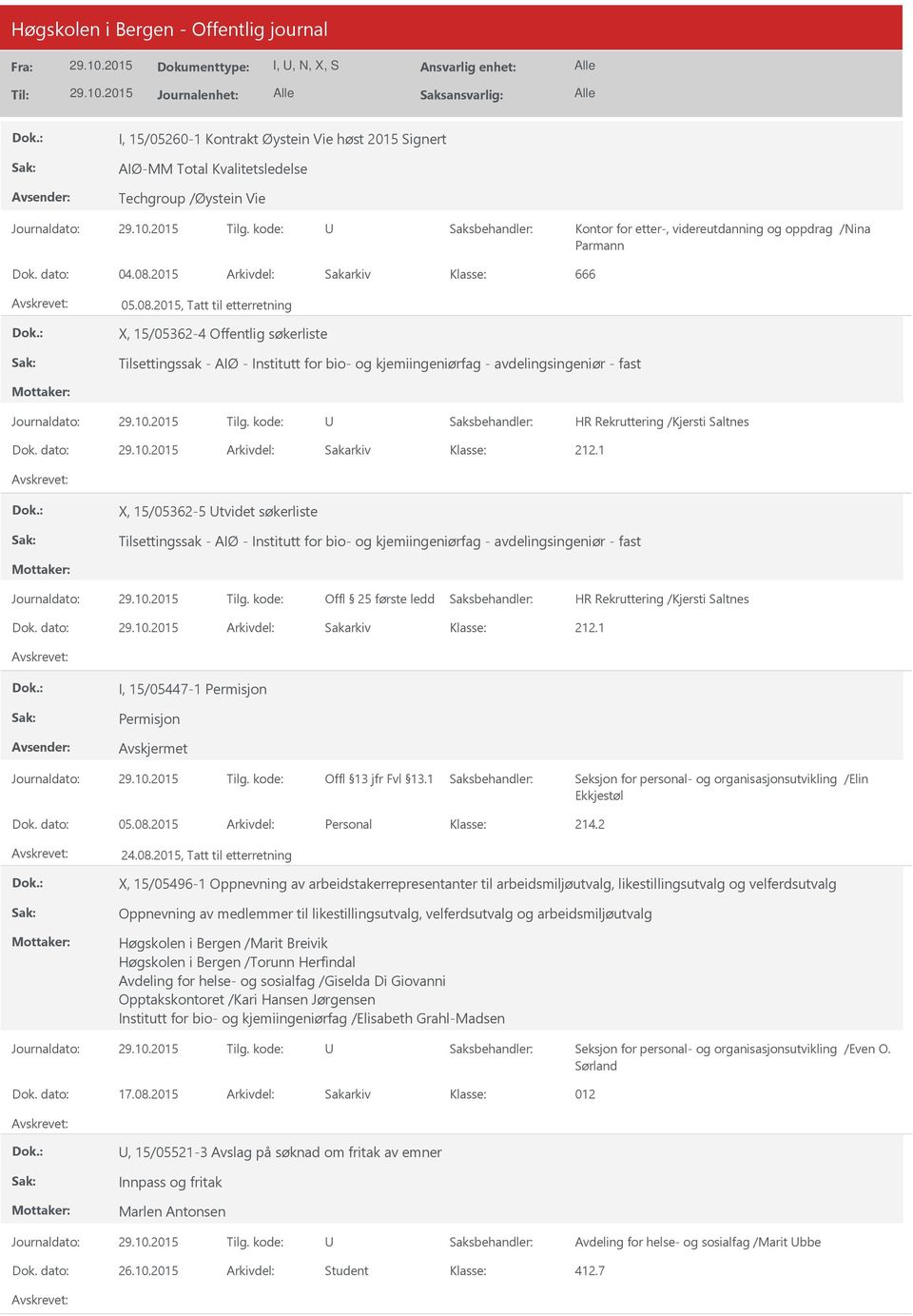 2015, Tatt til etterretning X, 15/05362-4 Offentlig søkerliste Tilsettingssak - AIØ - Institutt for bio- og kjemiingeniørfag - avdelingsingeniør - fast HR Rekruttering /Kjersti Saltnes Dok.