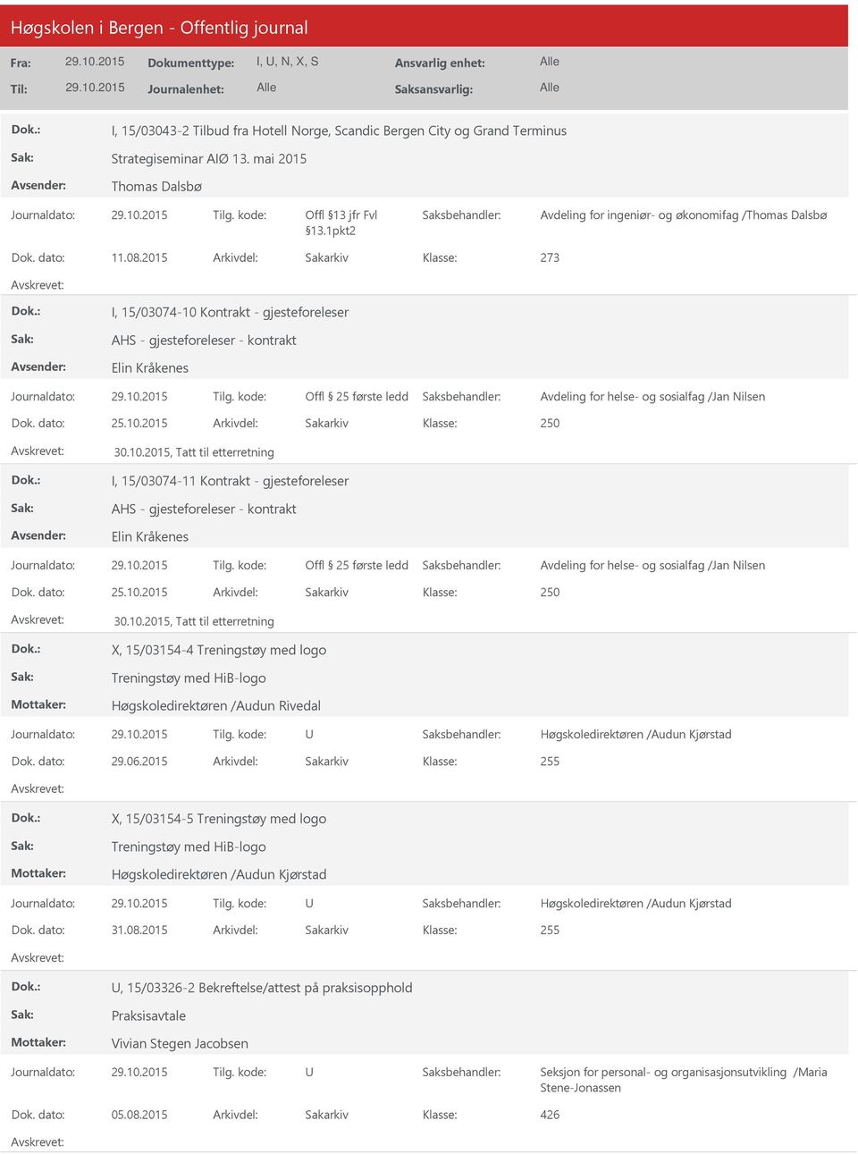 Kontrakt - gjesteforeleser Elin Kråkenes Dok. dato: 25.10.2015 Arkivdel: Sakarkiv I, 15/03074-11 Kontrakt - gjesteforeleser Elin Kråkenes Dok. dato: 25.10.2015 Arkivdel: Sakarkiv X, 15/03154-4 Treningstøy med logo Treningstøy med HiB-logo Høgskoledirektøren /Audun Rivedal Dok.