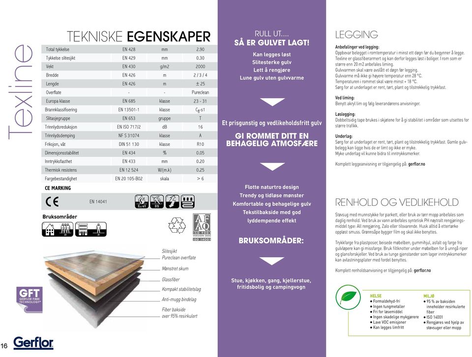 Trinnlydsreduksjon EN ISO 717/ db 16 Trinnlydsdemping NF S 31074 klasse A Friksjon, våt DIN 51 130 klasse R10 Dimensjonsstabilitet EN 434 % 0.05 Inntrykksfasthet EN 433 mm 0.