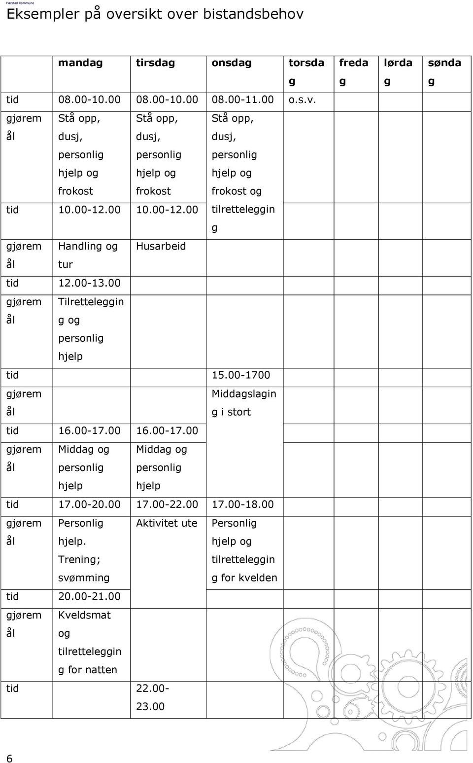 00-17.00 gjørem Middag og Middag og ål personlig personlig hjelp hjelp tid 17.00-20.00 17.00-22.00 17.00-18.00 gjørem Personlig Aktivitet ute Personlig ål hjelp.