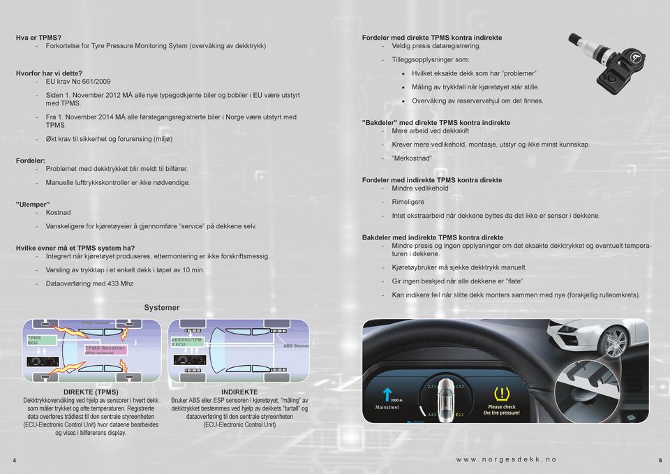 November 2012 MÅ alle nye typegodkjente biler og bobiler i EU være utstyrt med TPMS. - Fra 1. November 2014 MÅ alle førstegangsregistrerte biler i Norge være utstyrt med TPMS.