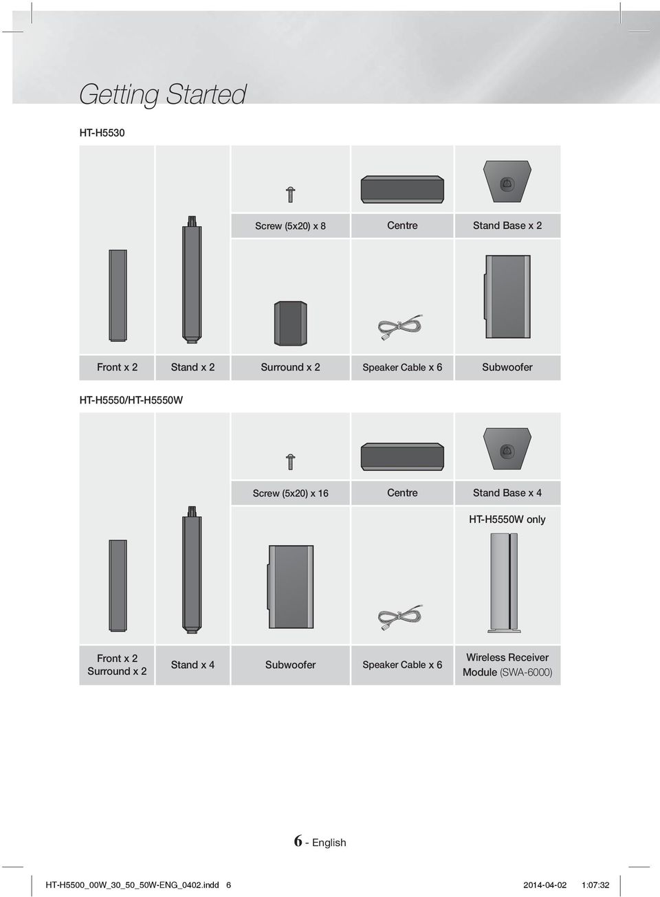 Base x 4 HT-H5550W only Front x 2 Surround x 2 Stand x 4 Subwoofer Speaker Cable x 6