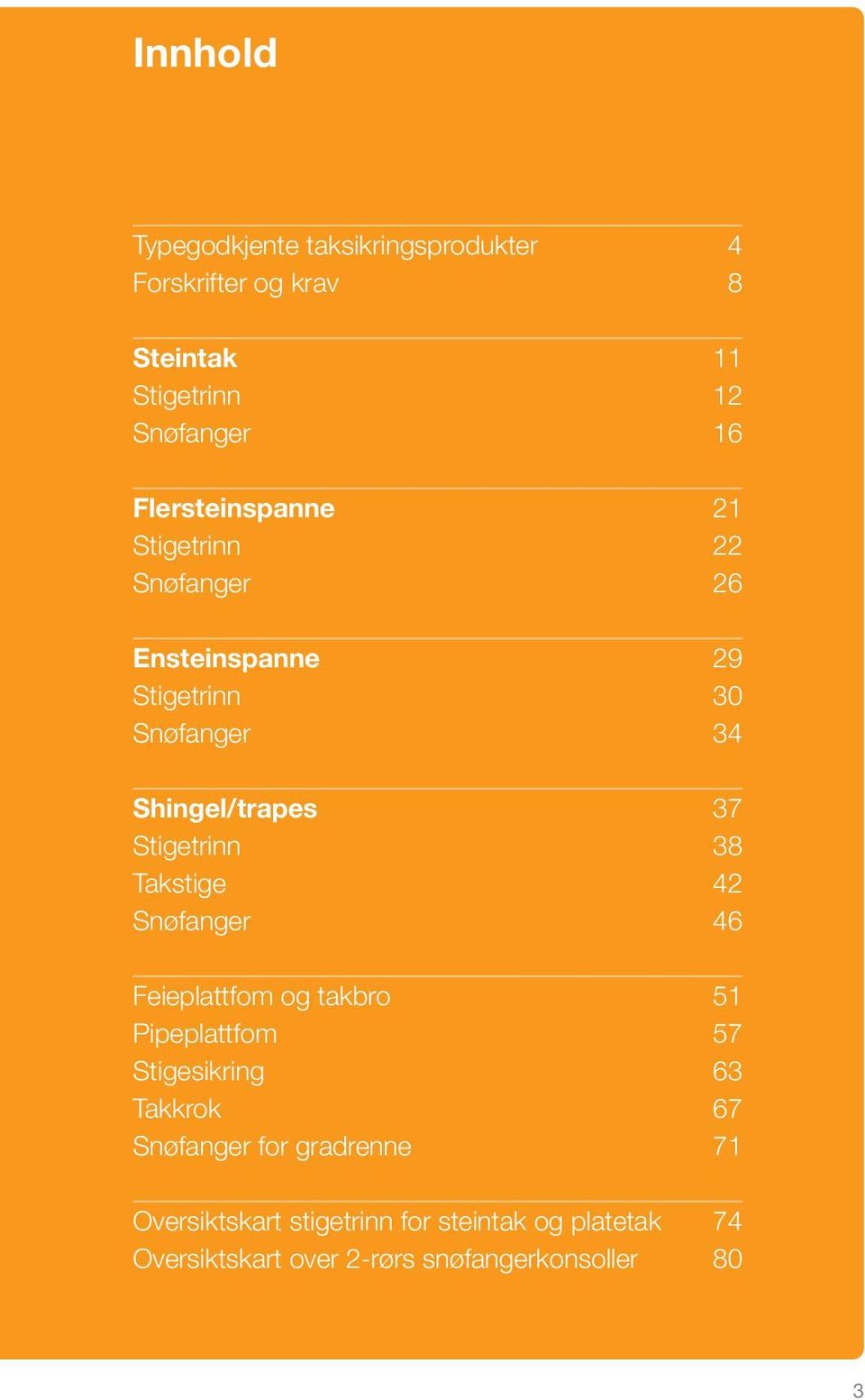 Stigetrinn 38 Takstige 42 Snøfanger 46 Feieplattfom og takbro 51 Pipeplattfom 57 Stigesikring 63 Takkrok 67