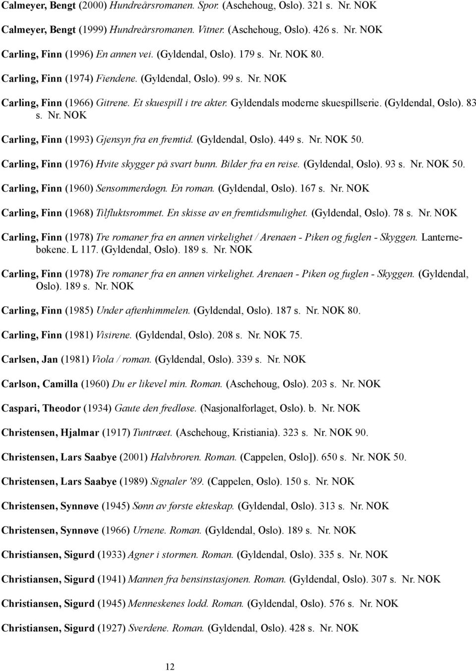 (Gyldendal, Oslo). 83 s. Nr. Carling, Finn (1993) Gjensyn fra en fremtid. (Gyldendal, Oslo). 449 s. Nr. 50. Carling, Finn (1976) Hvite skygger på svart bunn. Bilder fra en reise. (Gyldendal, Oslo). 93 s.