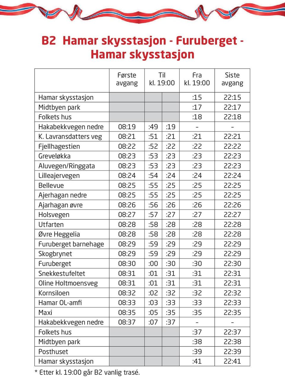 Lavransdatters Bekkelaget veg 08:21 - Hamar :51 skysstasjon :21 :21 22:21 Fjellhagestien 08:22 :52 :22 :22 22:22 Greveløkka Furuberget 08:23 - sentrum.