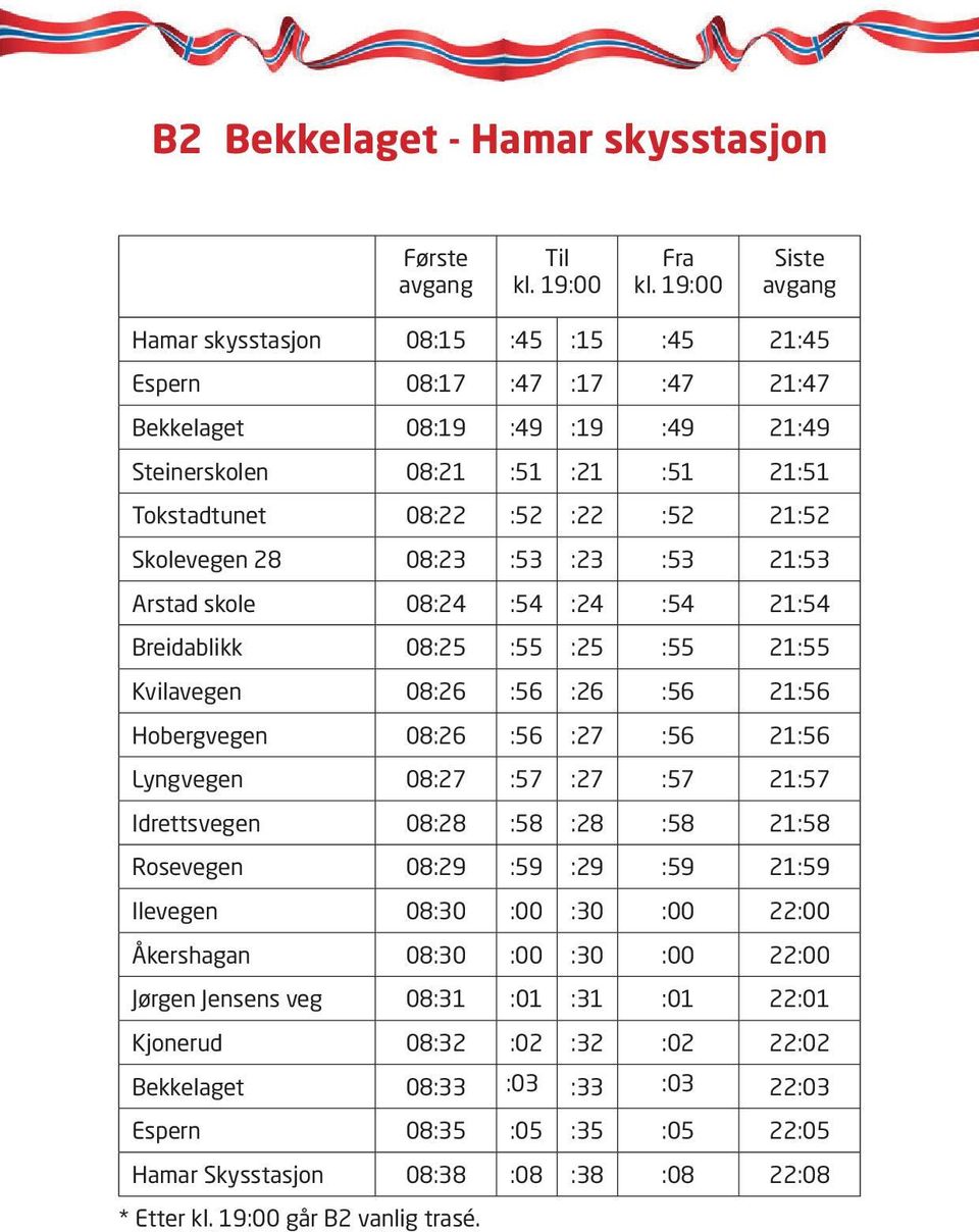 Lyngvegen 08:27 :57 :27 :57 21:57 Idrettsvegen 08:28 :58 :28 :58 21:58 Rosevegen 08:29 :59 :29 :59 21:59 Ilevegen 08:30 :00 :30 :00 22:00 Åkershagan 08:30 :00 :30 :00 22:00 Jørgen Jensens veg 08:31