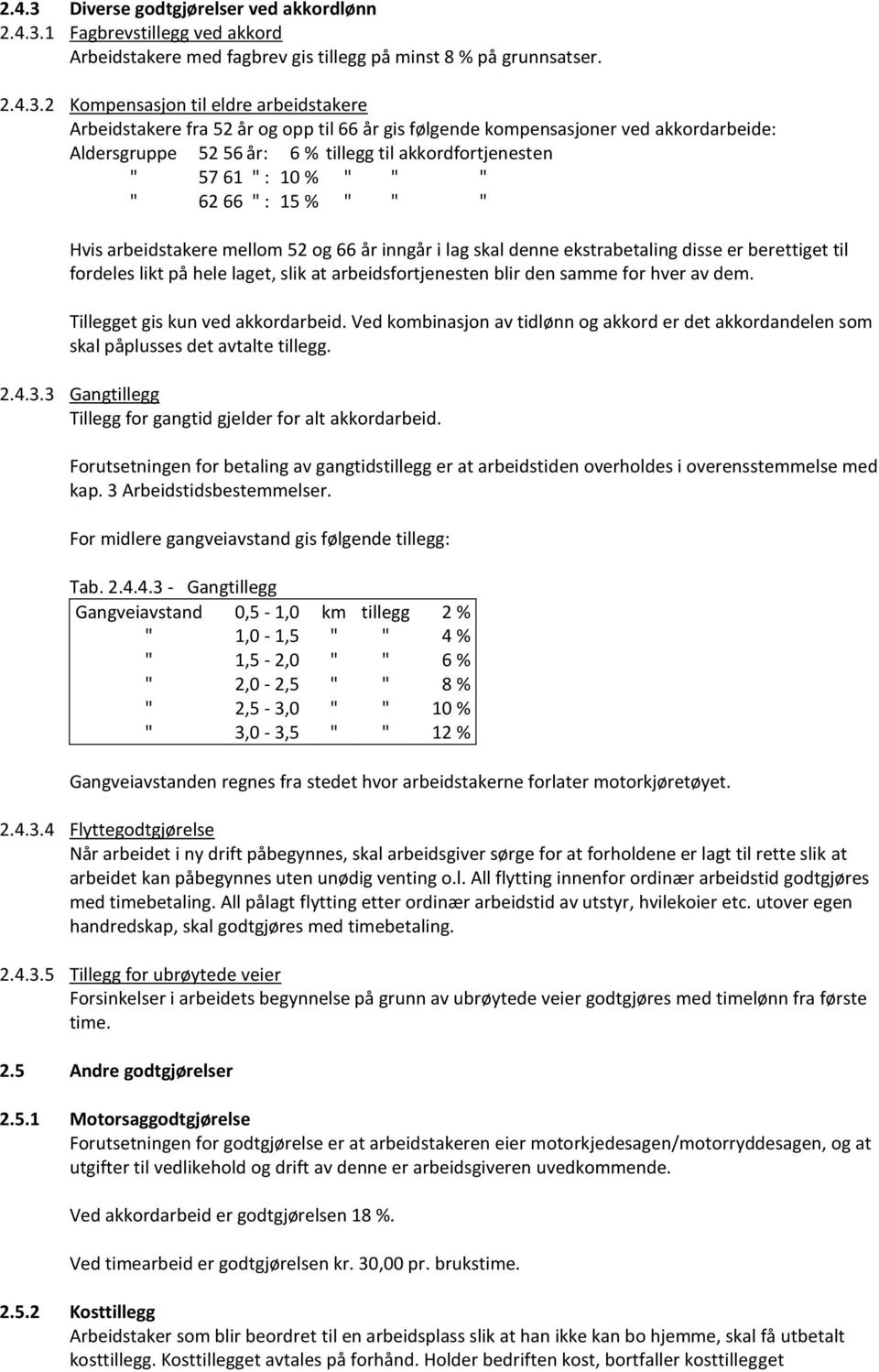 1 Fagbrevstillegg ved akkord Arbeidstakere med fagbrev gis tillegg på minst 8 % på grunnsatser. 2.4.3.