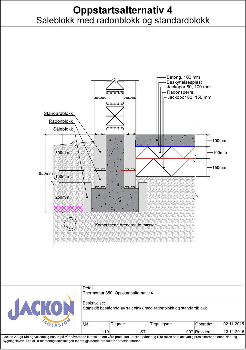 Radonblokk Såleblokk 100mm 300mm 100mm 650mm 100mm 250mm Komprimerte drenerende masser,