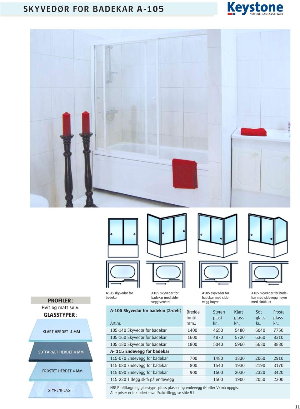 høyre A105 skyvedør for badekar med sidevegg høyre med skråkutt A-105 Skyvedør for badekar (2-delt) Bredde inntil Styren plast Klart Sot Frosta Art.nr. 105-140 Skyvedør for badekar mm.