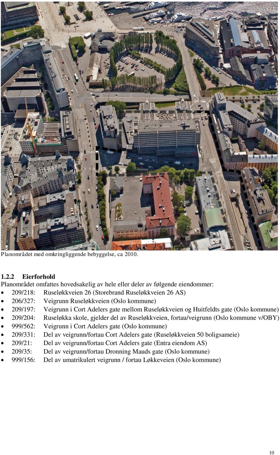 2 Eierforhold Planområdet omfattes hovedsakelig av hele eller deler av følgende eiendommer: 209/218: Ruseløkkveien 26 (Storebrand Ruseløkkveien 26 AS) 206/327: Veigrunn Ruseløkkveien (Oslo