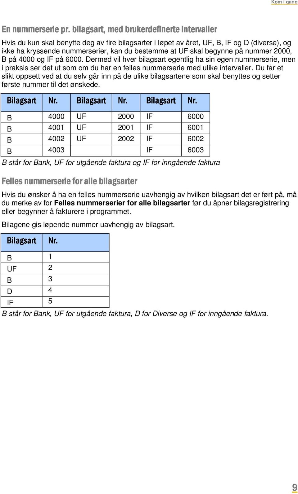 begynne på nummer 2000, B på 4000 og IF på 6000. Dermed vil hver bilagsart egentlig ha sin egen nummerserie, men i praksis ser det ut som om du har en felles nummerserie med ulike intervaller.