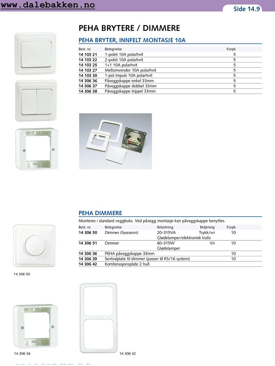 36 Påveggskappe enkel 33mm 5 14 306 37 Påveggskappe dobbel 33mm 5 14 306 38 Påveggskappe trippel 33mm 5 PEHA DIMMERE Monteres i standard veggboks. Ved påvegg montasje kan påveggskappe benyttes. Best.