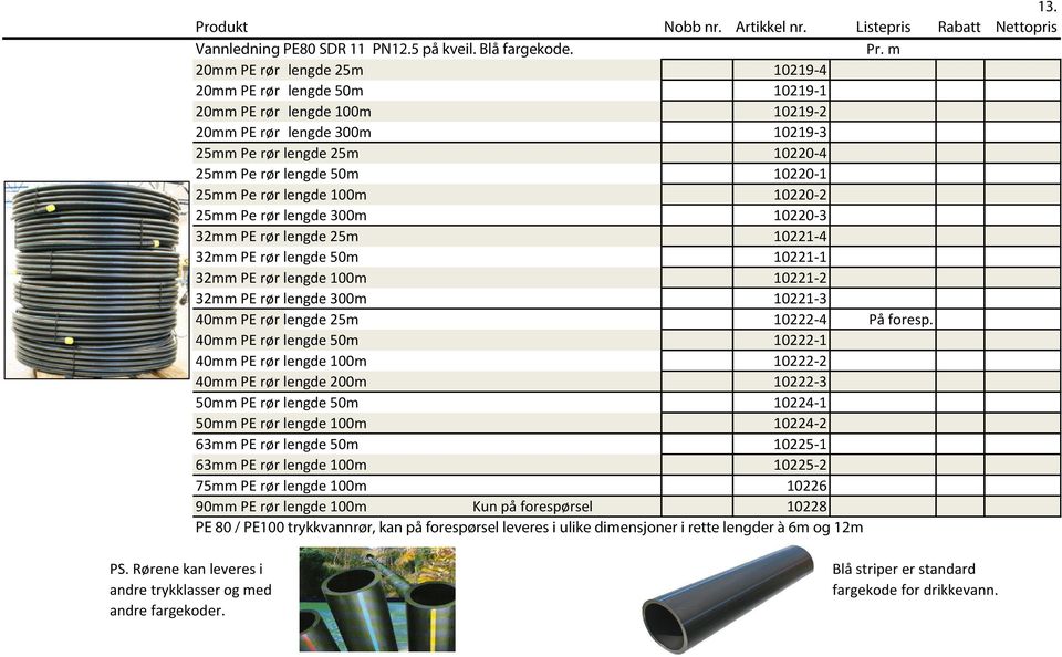 rør lengde 100m 10220-2 25mm Pe rør lengde 300m 10220-3 32mm PE rør lengde 25m 10221-4 32mm PE rør lengde 50m 10221-1 32mm PE rør lengde 100m 10221-2 32mm PE rør lengde 300m 10221-3 40mm PE rør